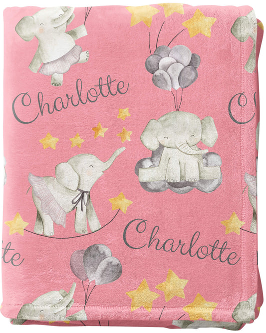 Custom Baby Girl Blanket with Elephants and Balloons, Pink
