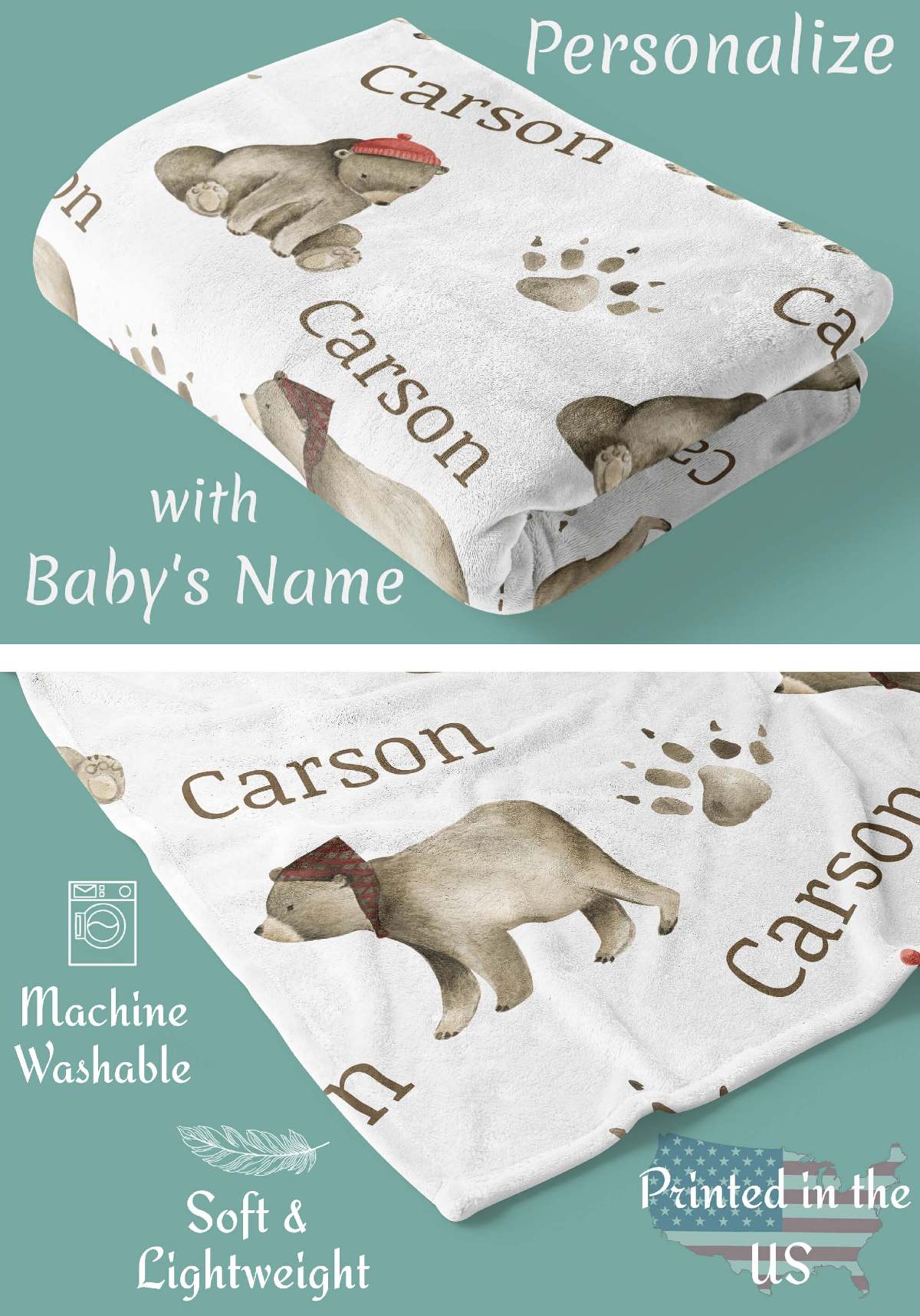 Personalized Baby Blanket with Name and Bears