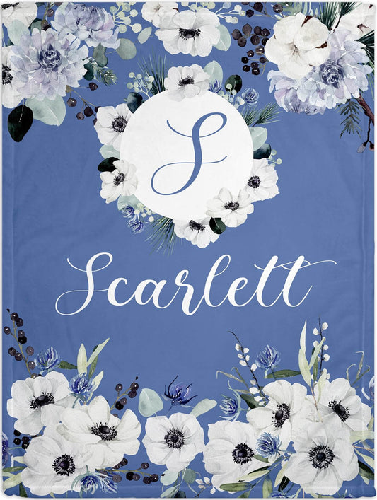 Customized Floral Baby Blankets with Name for Newborn, Infant, Toddler or Kid - Blue and White