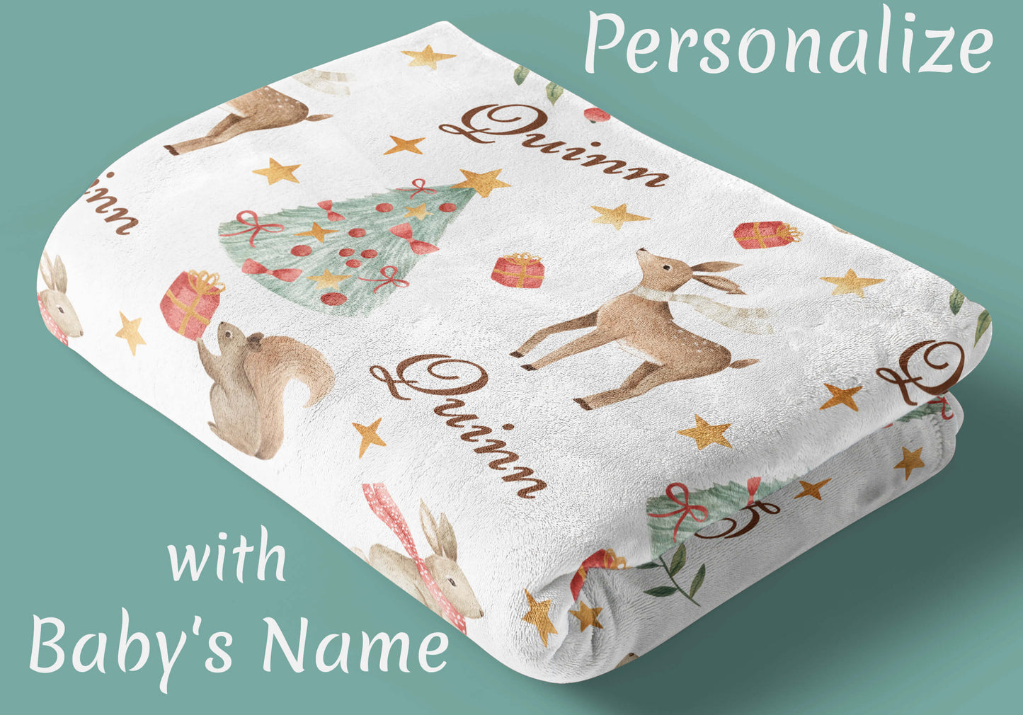 Christmas Woodland Baby Blanket with Name, White