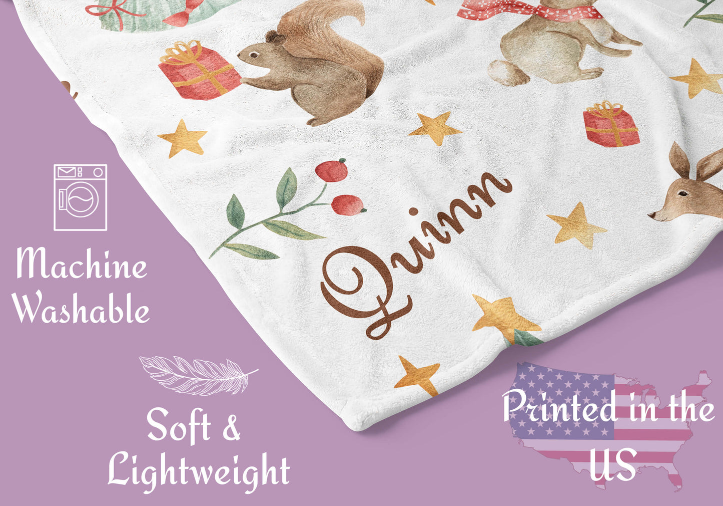 Christmas Woodland Baby Blanket with Name, White
