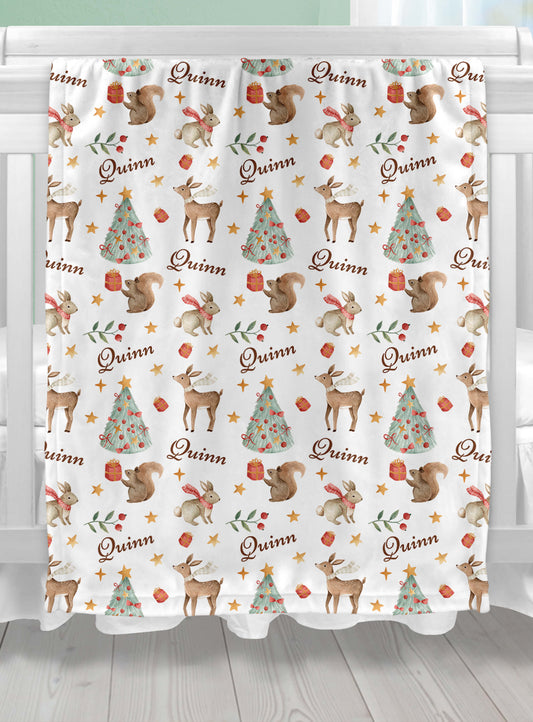 Christmas Woodland Baby Blanket with Name, White
