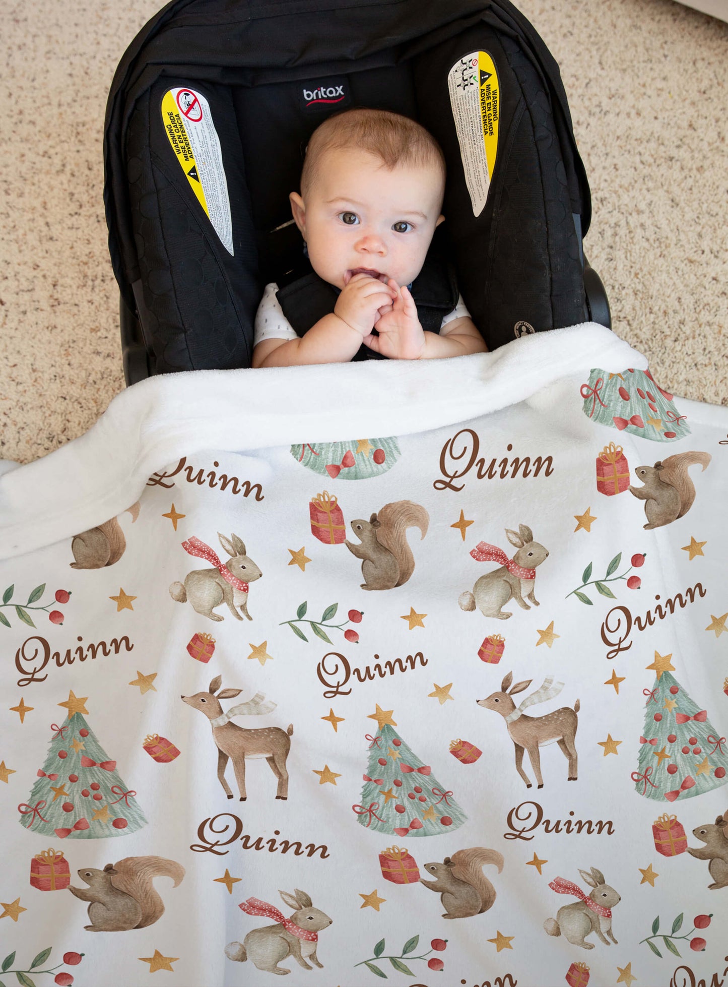 Christmas Woodland Baby Blanket with Name, White