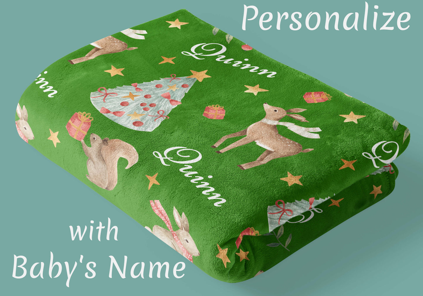 Christmas Woodland Baby Blanket with Name, Green