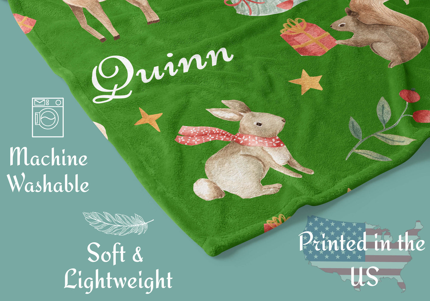 Christmas Woodland Baby Blanket with Name, Green