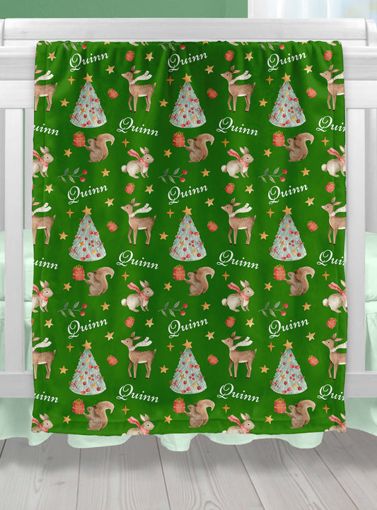 Christmas Woodland Baby Blanket with Name, Green