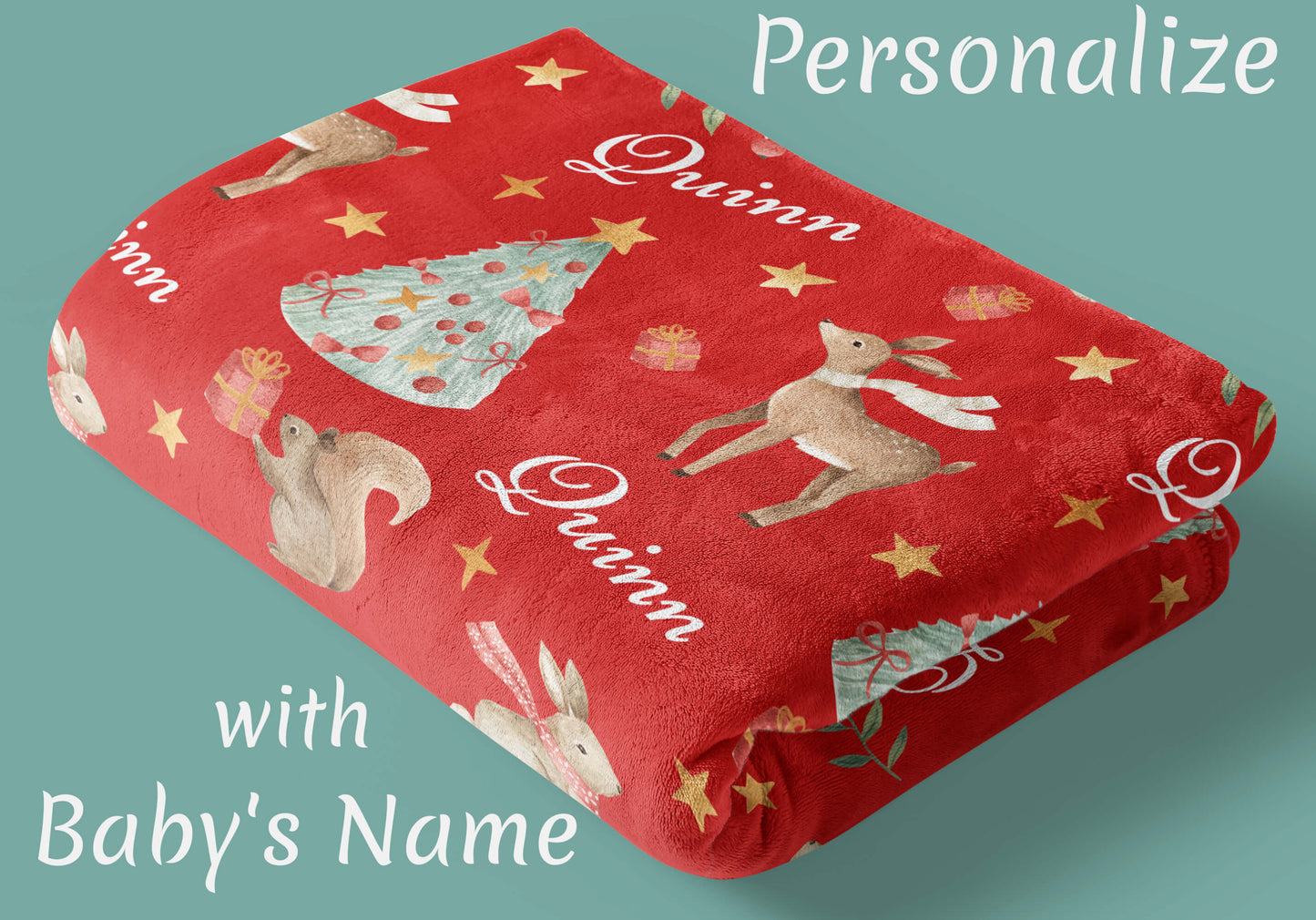 Christmas Woodland Baby Blanket with Name, Red
