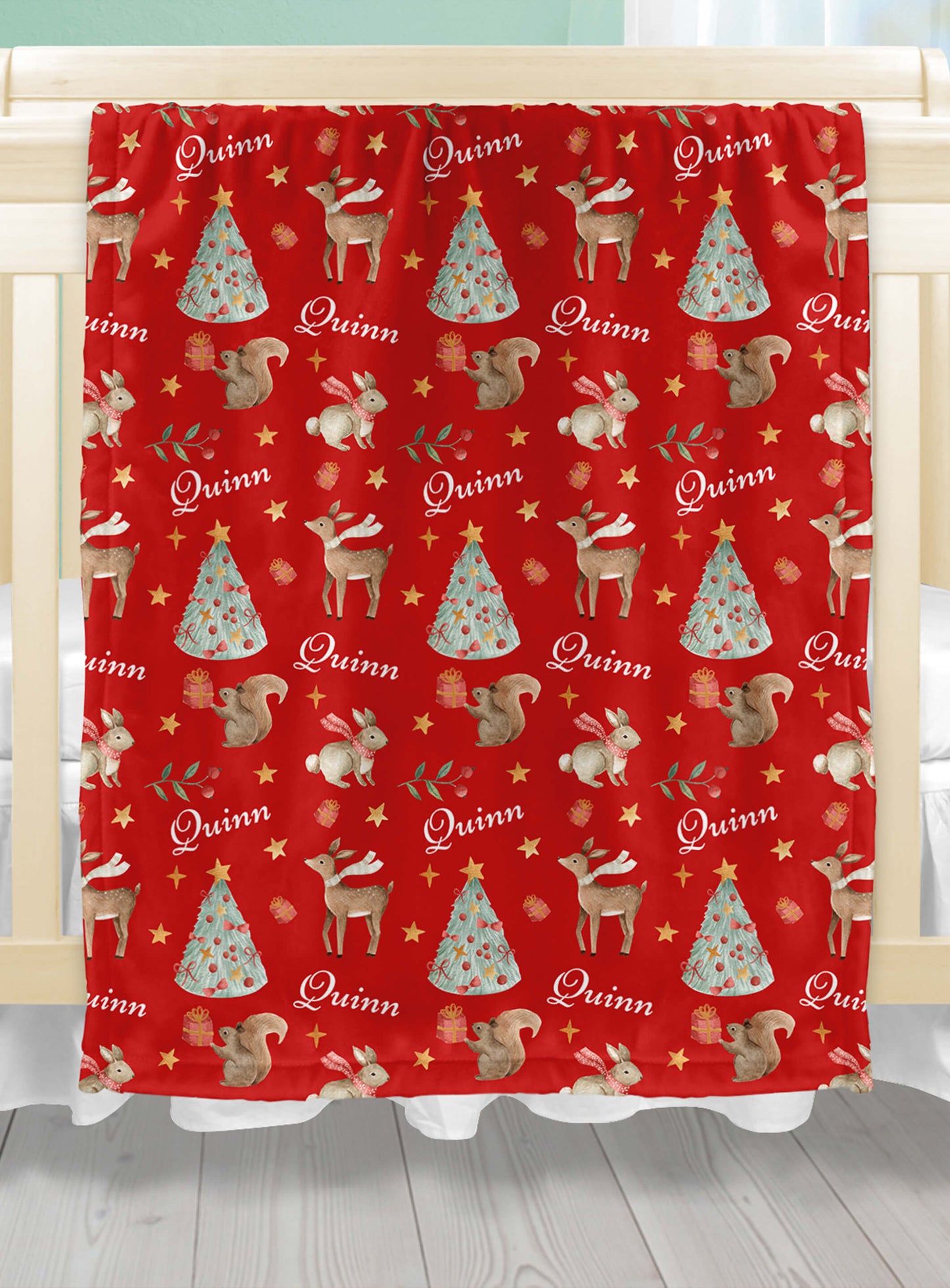 Christmas Woodland Baby Blanket with Name, Red