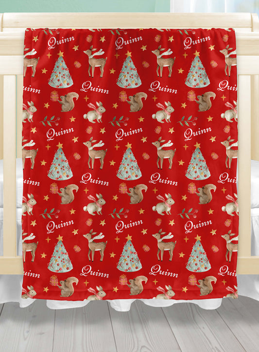 Christmas Woodland Baby Blanket with Name, Red