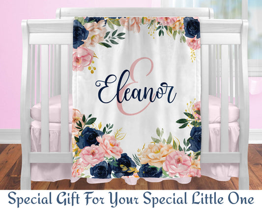 Custom Monogrammed Floral Blanket for Girls, Pink & Navy Blue