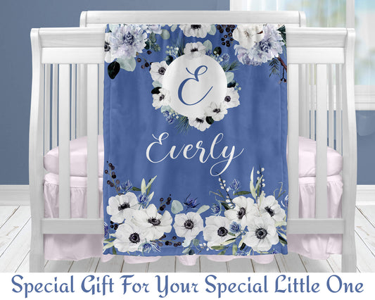 Customized Floral Baby Blankets with Name for Newborn, Infant, Toddler or Kid - Blue and White