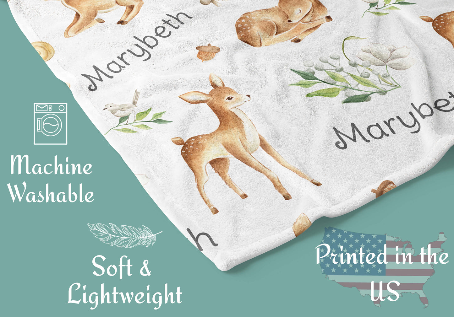 Unisex Personalized Blanket with Name and Baby Deers
