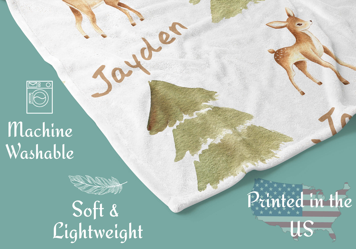 Custom Baby Blanket with Name, Deers and Trees