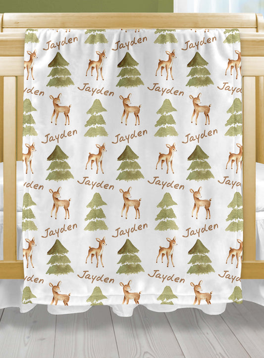 Custom Baby Blanket with Name, Deers and Trees
