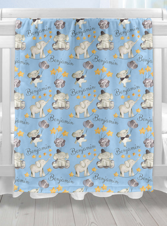 Custom Baby Boy Blanket with Elephants and Balloons, Blue
