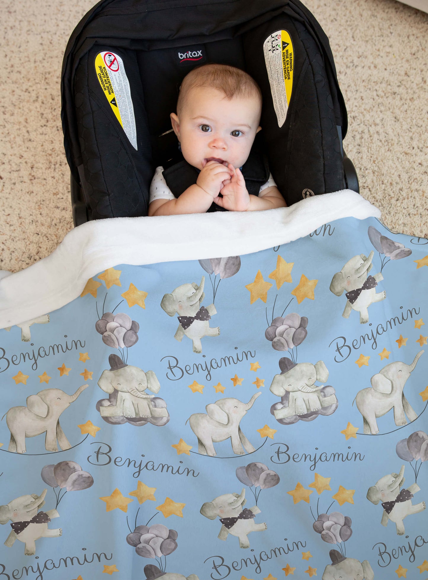 Custom Baby Boy Blanket with Elephants and Balloons, Blue