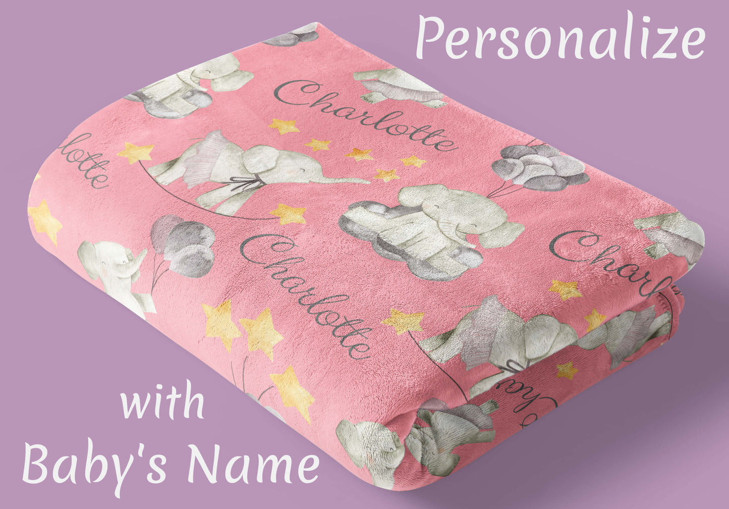 Custom Baby Girl Blanket with Elephants and Balloons, Pink