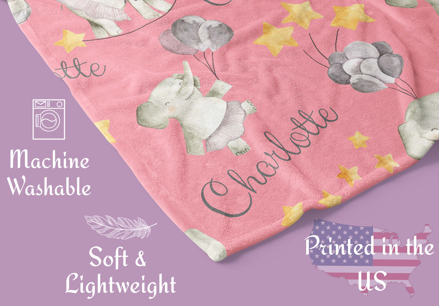 Custom Baby Girl Blanket with Elephants and Balloons, Pink