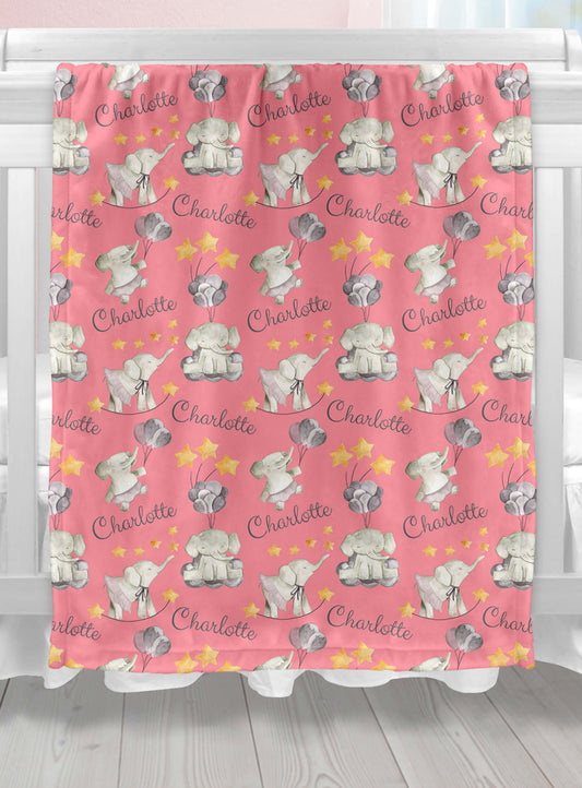 Custom Baby Girl Blanket with Elephants and Balloons, Pink
