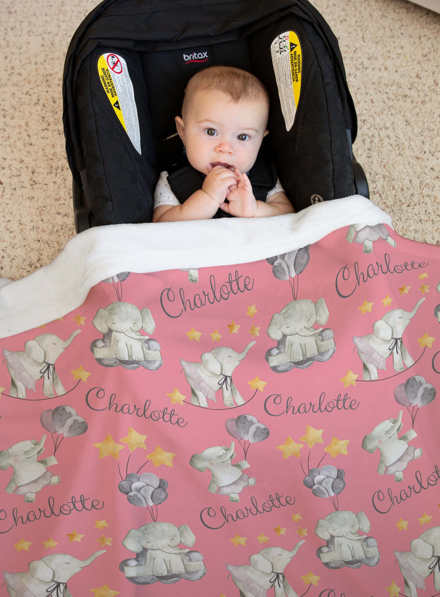 Custom Baby Girl Blanket with Elephants and Balloons, Pink