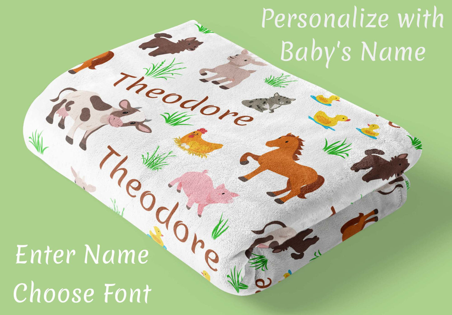 Personalized Baby Blankets for Boys and Girls with Name and Farm Animals: Cow, Horse, Pig, Goat