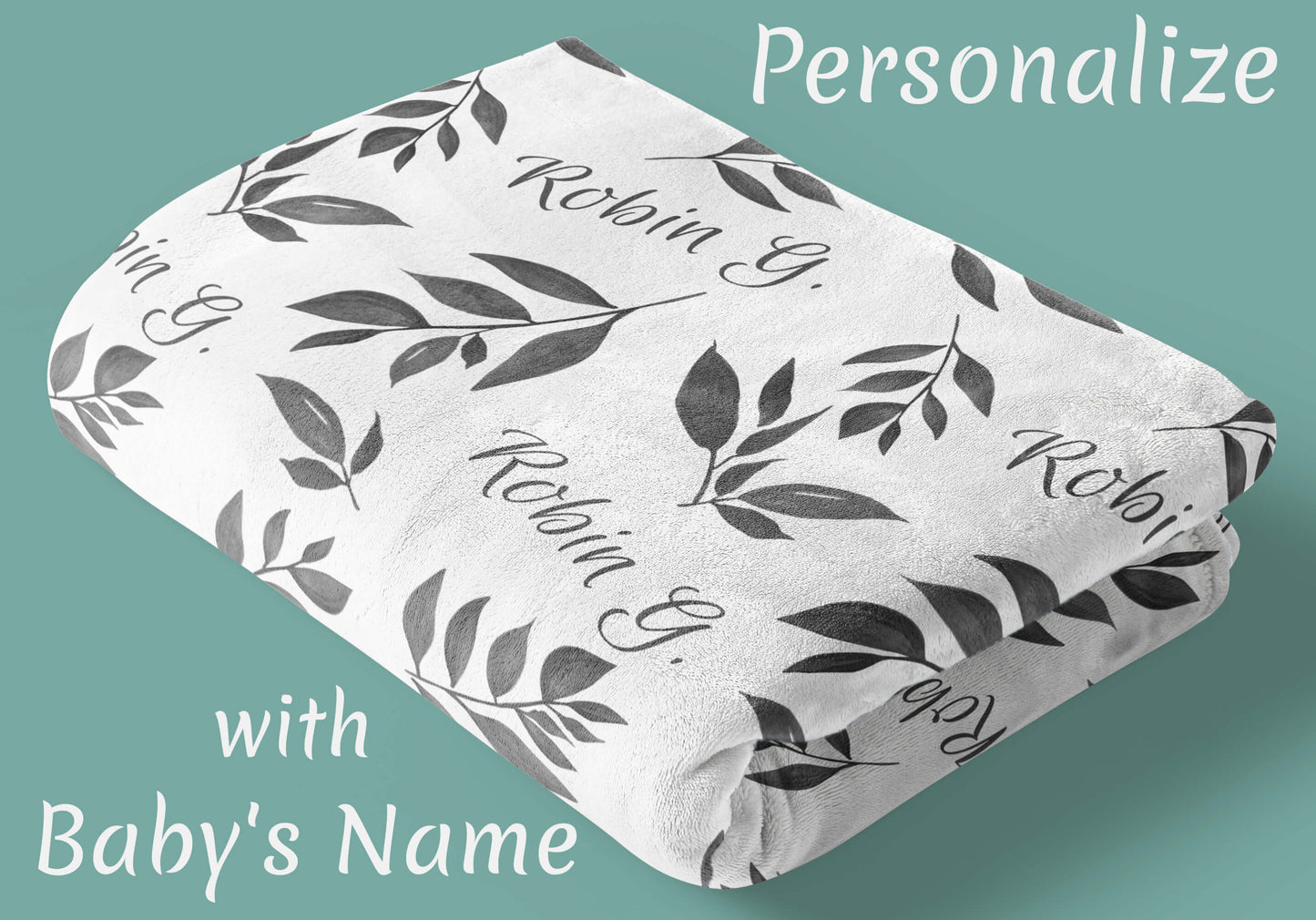 Custom Baby Blanket with Name, Gray Leaves