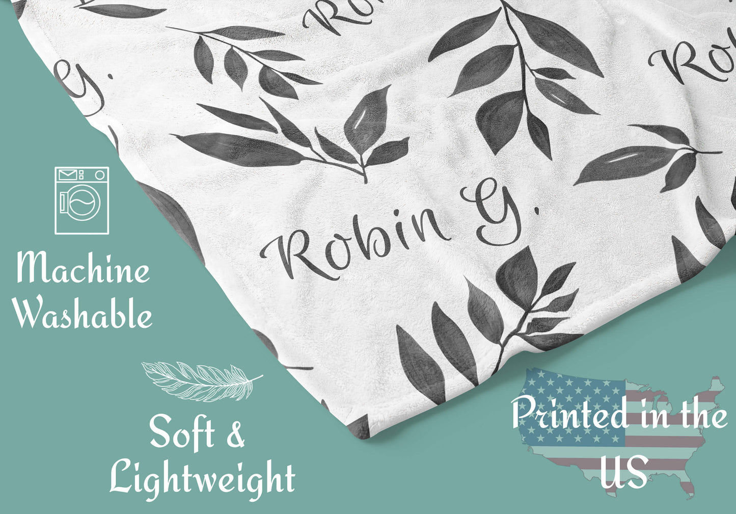 Custom Baby Blanket with Name, Gray Leaves
