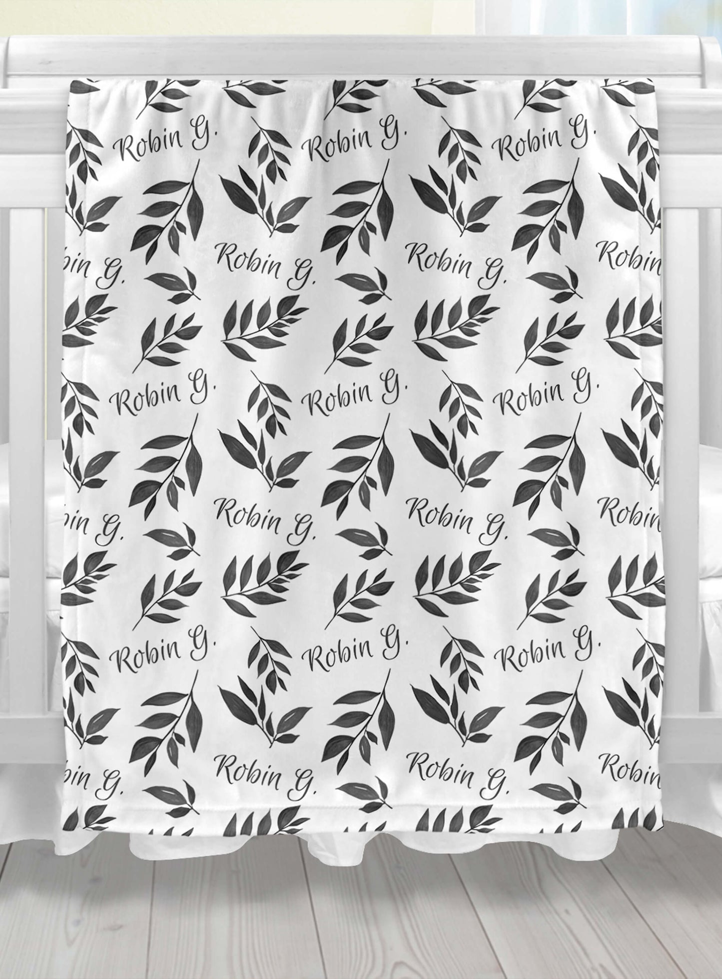 Custom Baby Blanket with Name, Gray Leaves