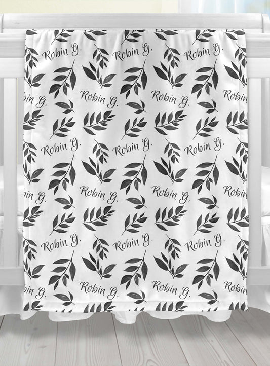 Custom Baby Blanket with Name, Gray Leaves
