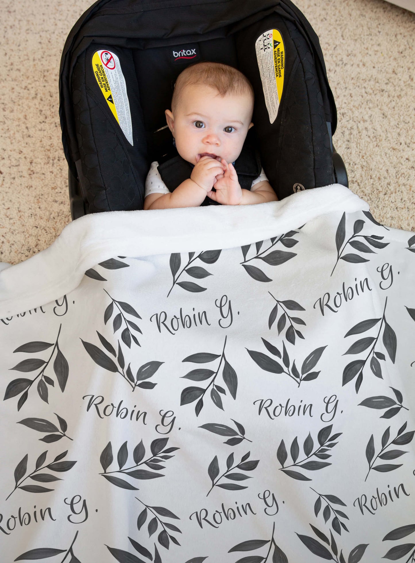Custom Baby Blanket with Name, Gray Leaves
