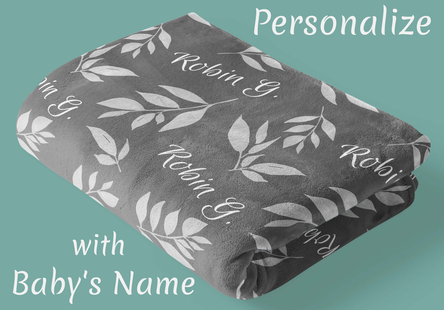 Custom Baby Throw Blanket with Name and Leaves on a Gray Background