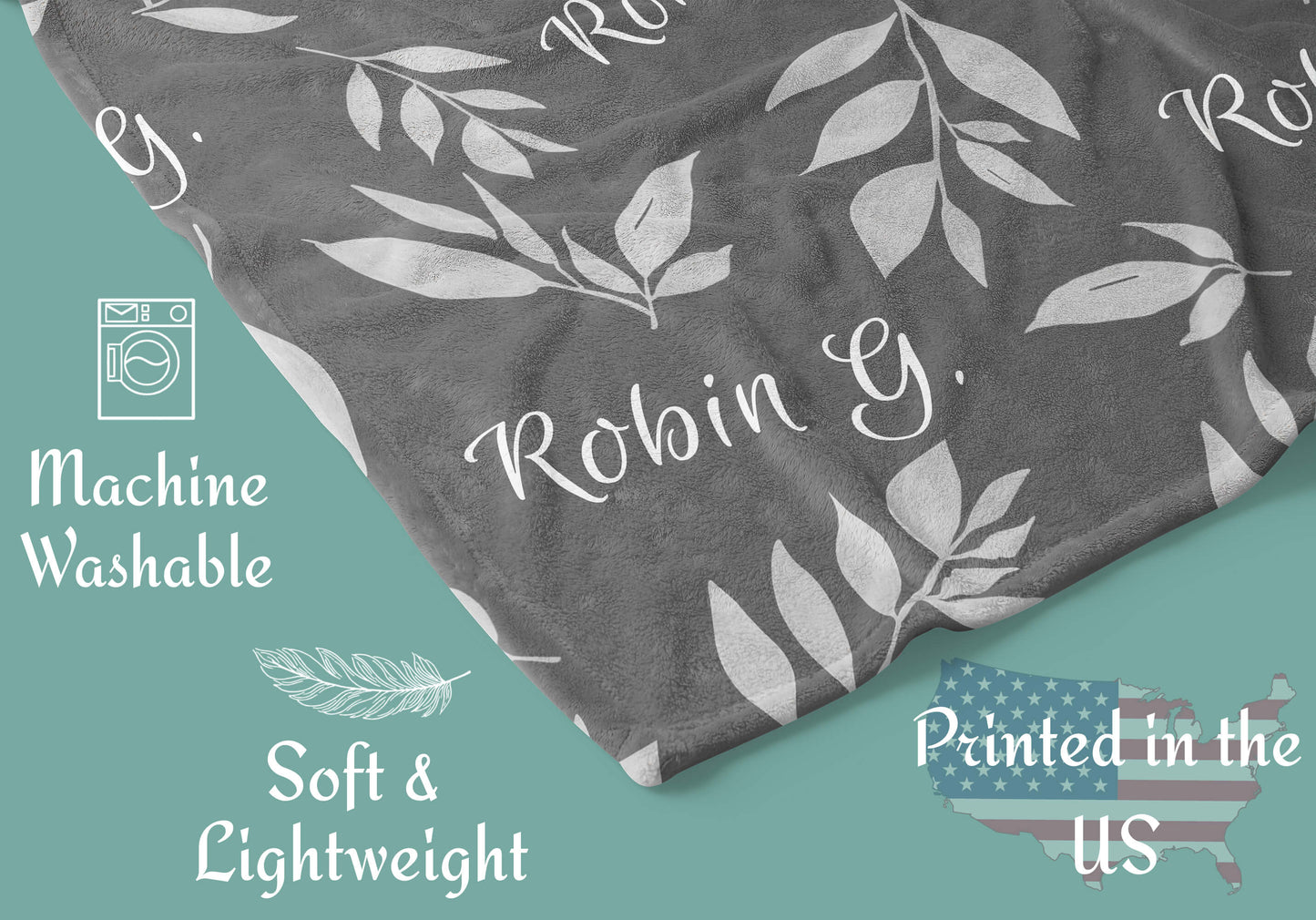 Custom Baby Throw Blanket with Name and Leaves on a Gray Background