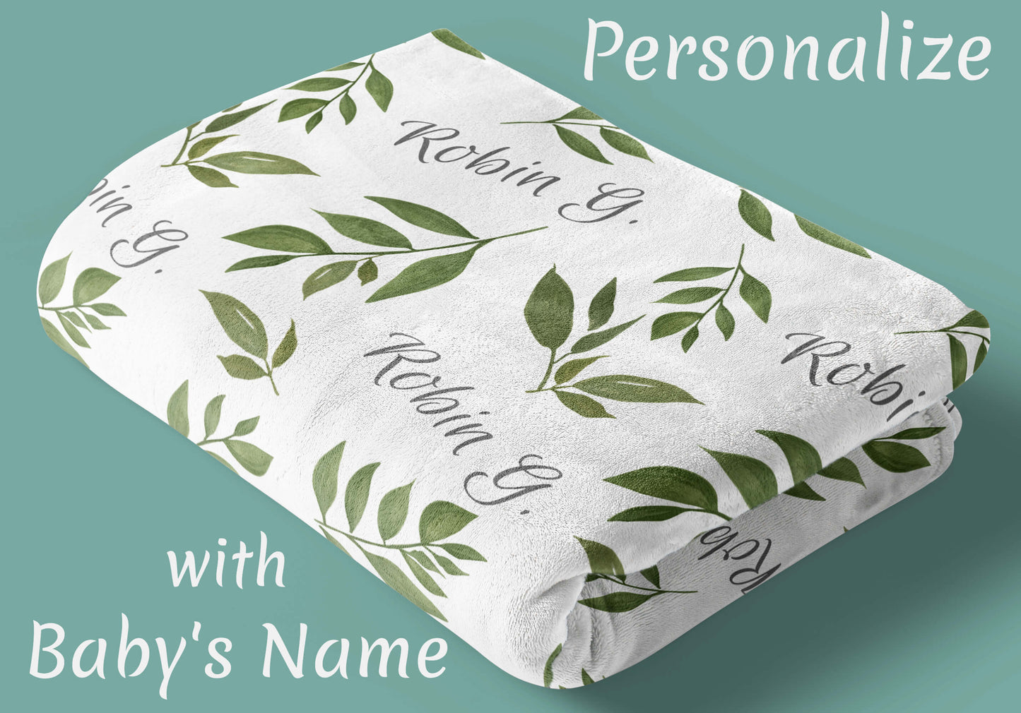 Custom Baby Blanket with Name, Green Leaves