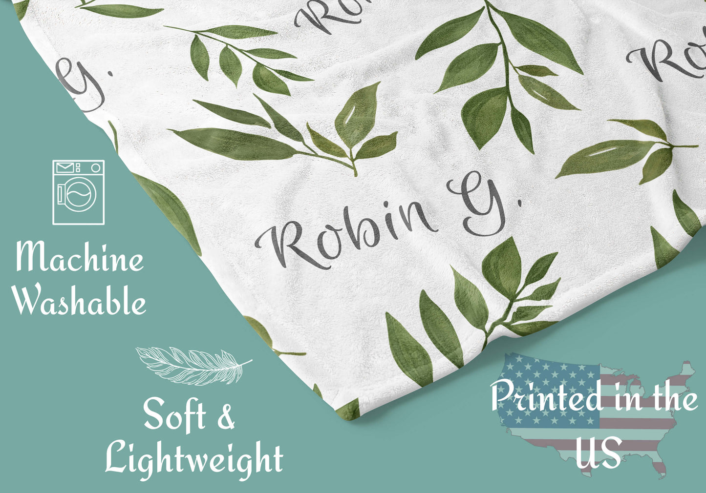 Custom Baby Blanket with Name, Green Leaves