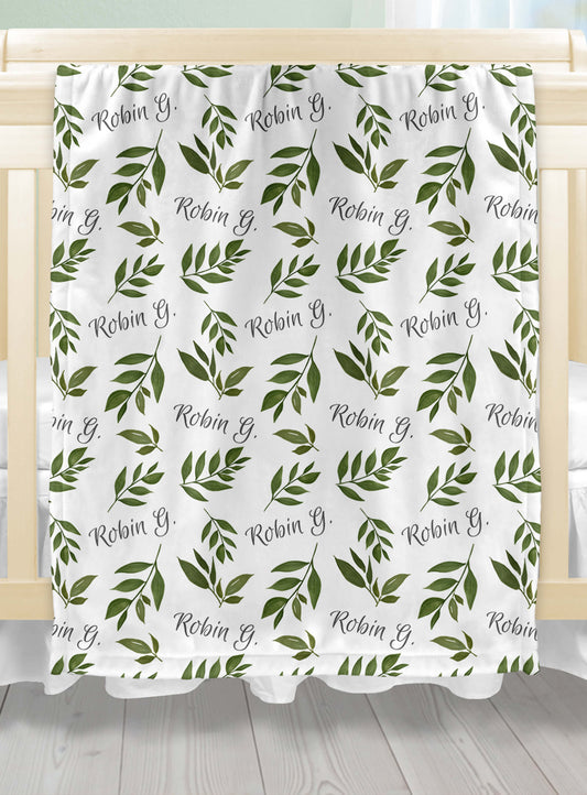 Custom Baby Blanket with Name, Green Leaves