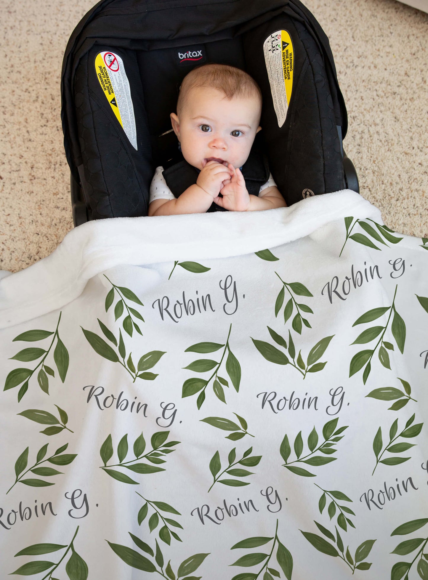 Custom Baby Blanket with Name, Green Leaves