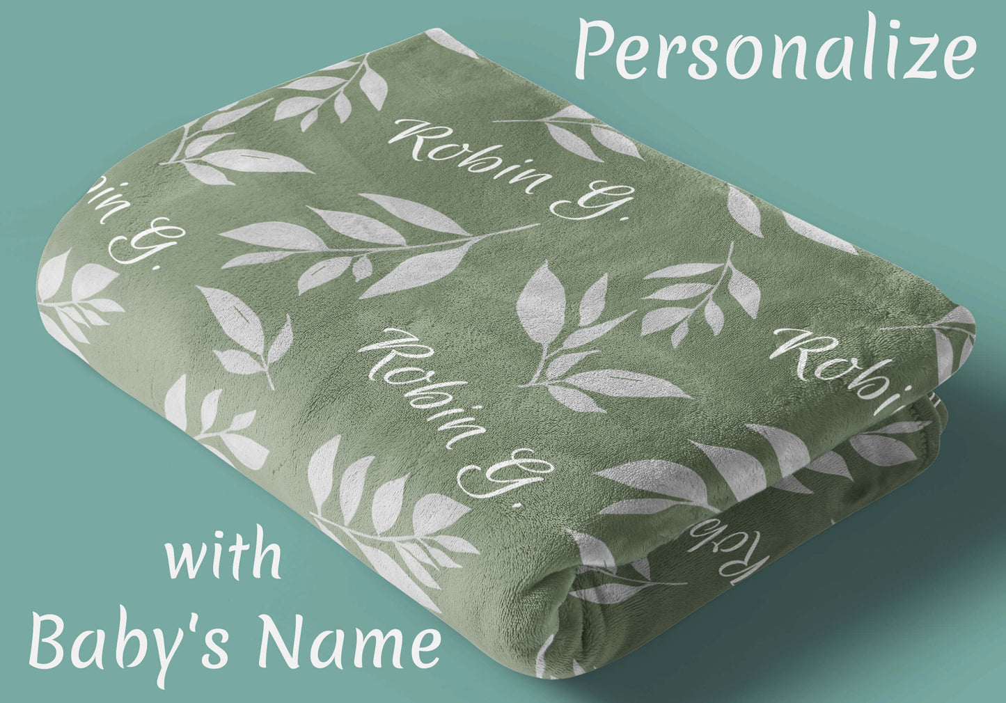Custom Throw Blanket with Name and Leaves on a Sage Background