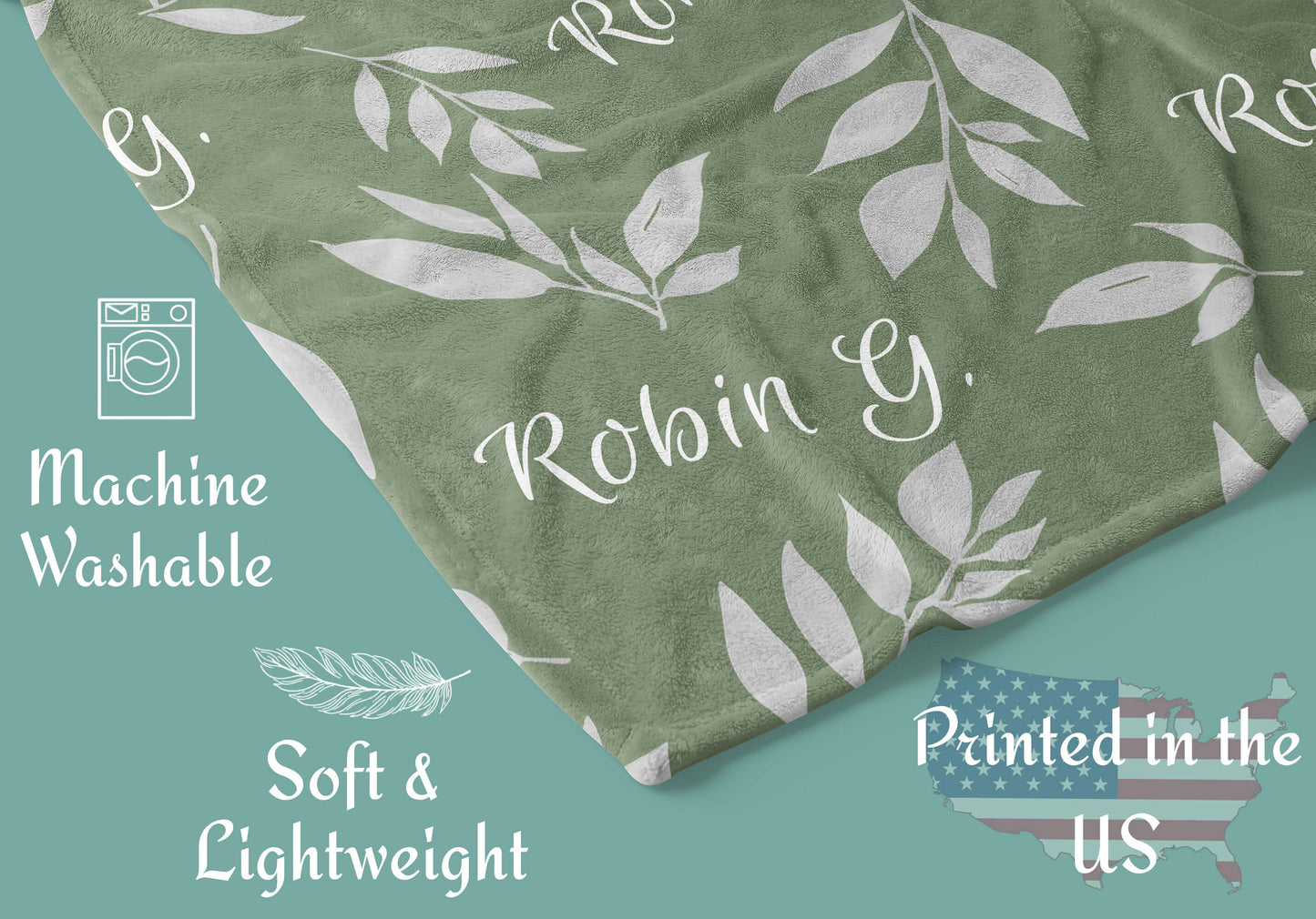 Custom Throw Blanket with Name and Leaves on a Sage Background
