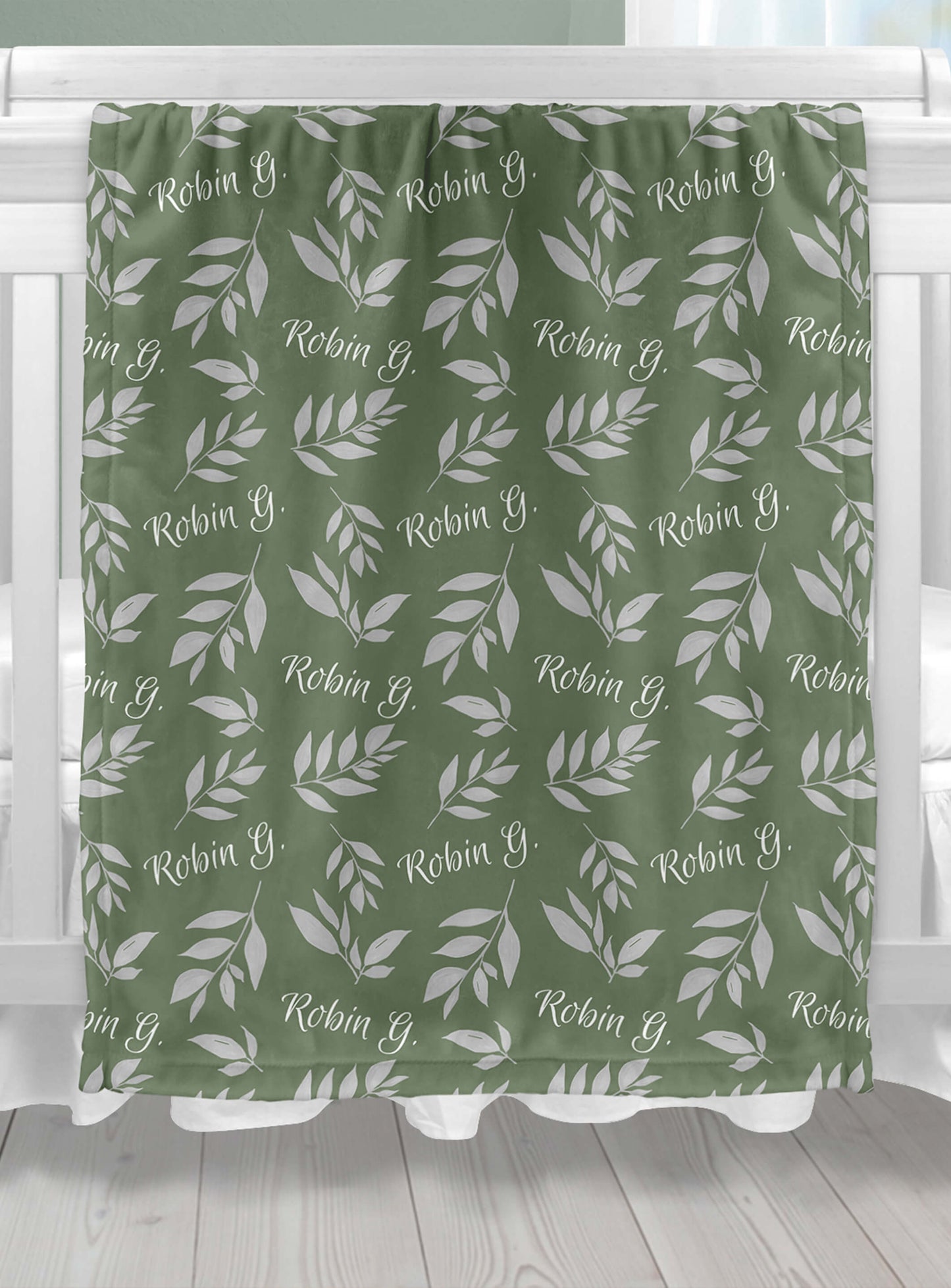 Custom Throw Blanket with Name and Leaves on a Sage Background