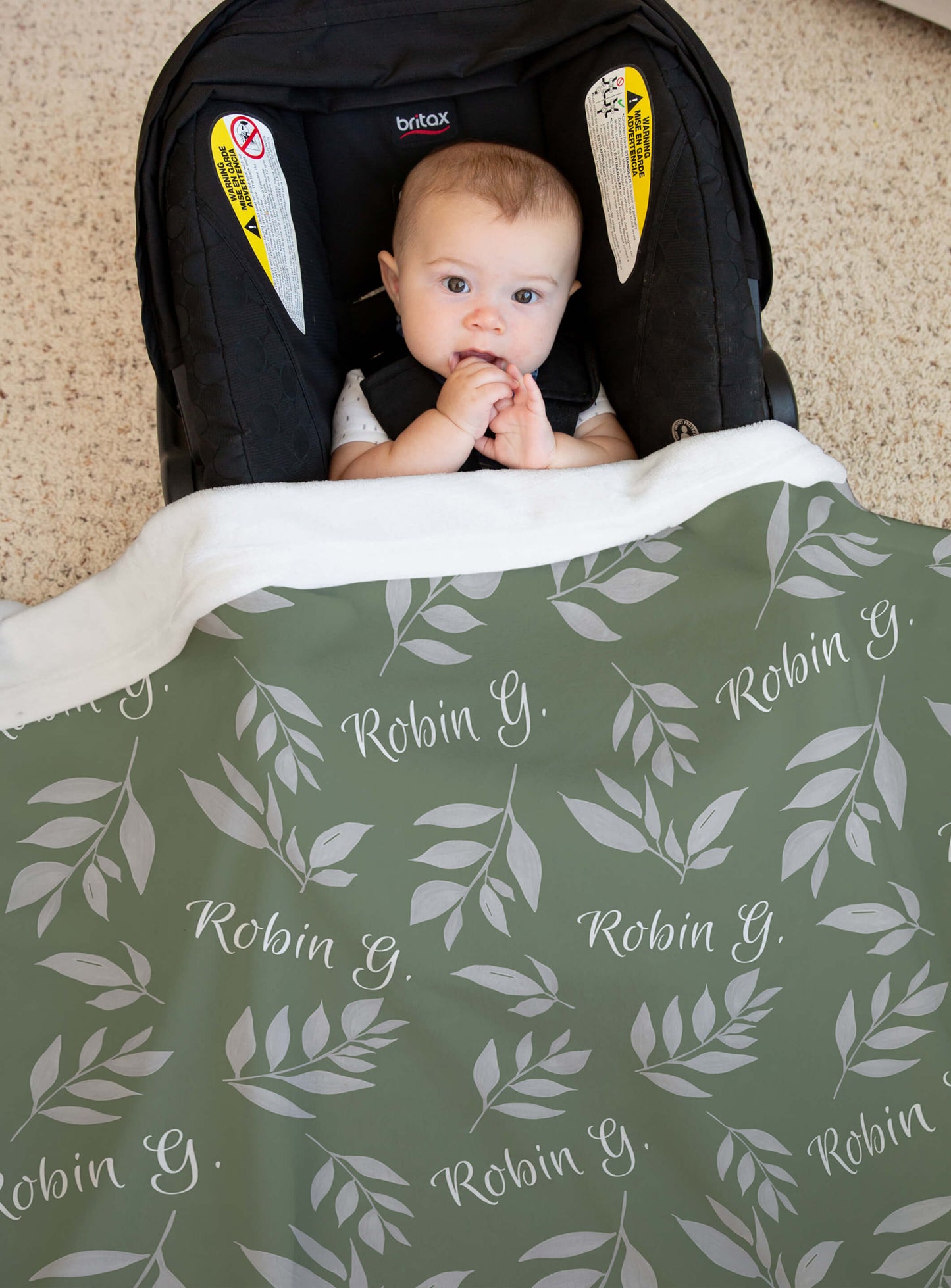 Custom Throw Blanket with Name and Leaves on a Sage Background