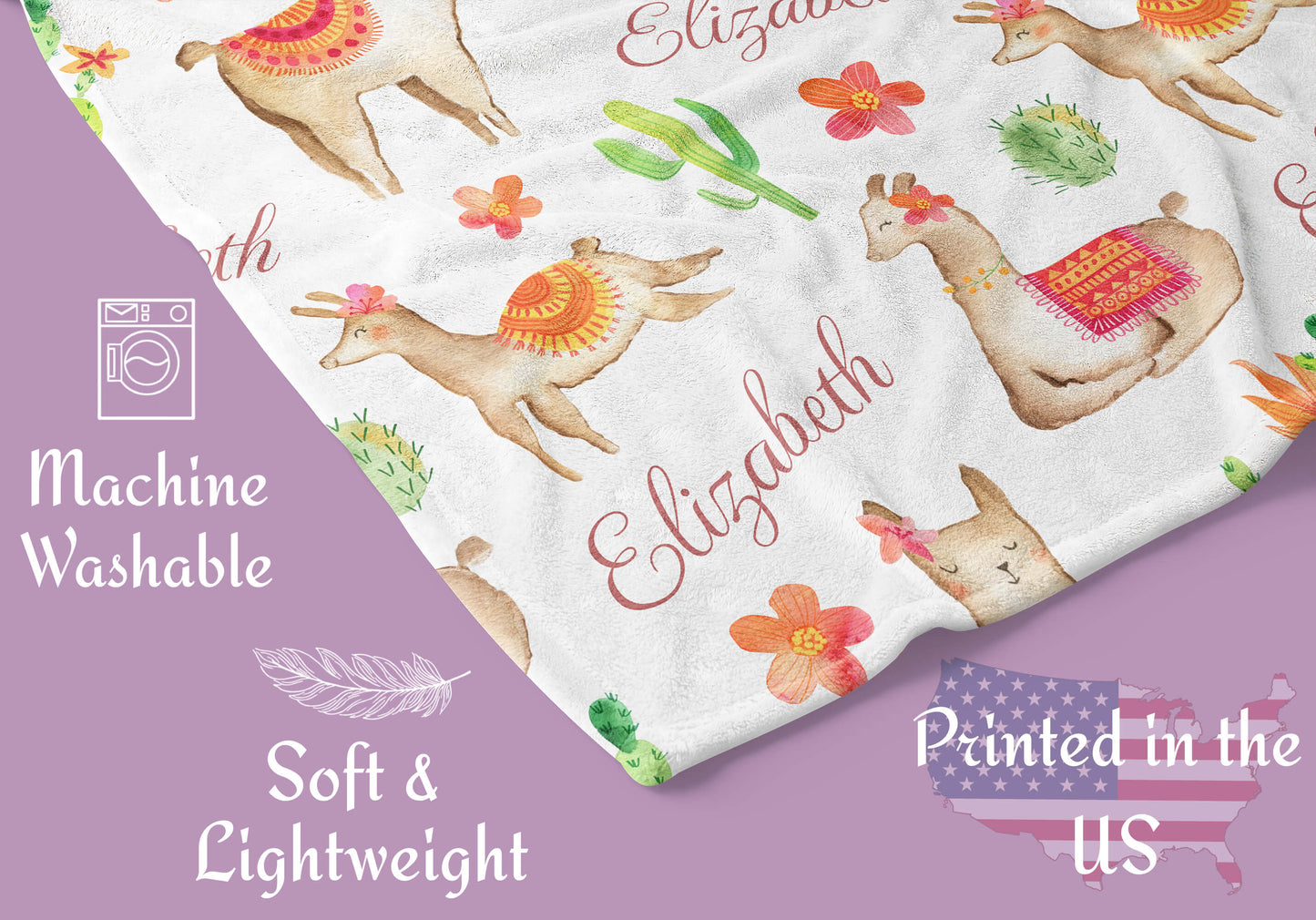 Personalized Baby Blanket with Llamas, Cactus and Name
