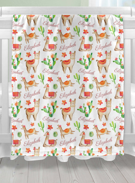 Personalized Baby Blanket with Llamas, Cactus and Name