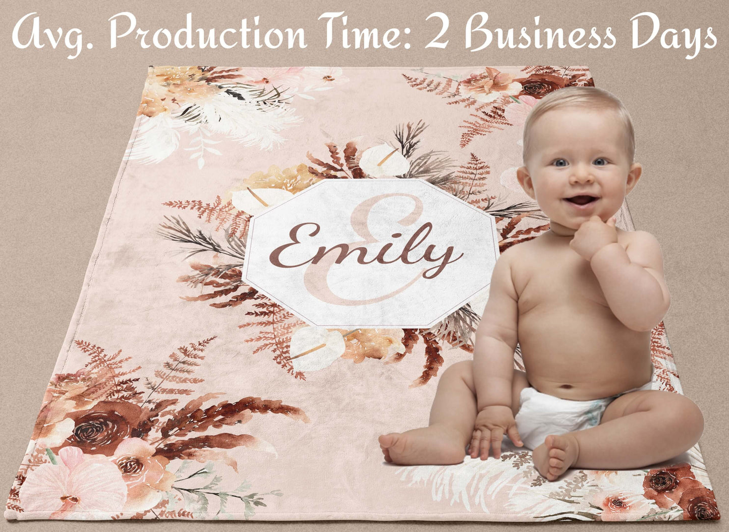 Personalized Boho Baby Girl Blanket - Beige Floral Blanket with Name