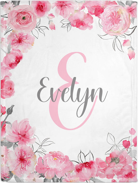 Personalized Floral Baby Girl Blanket with Name, Pink and Gray Flowers