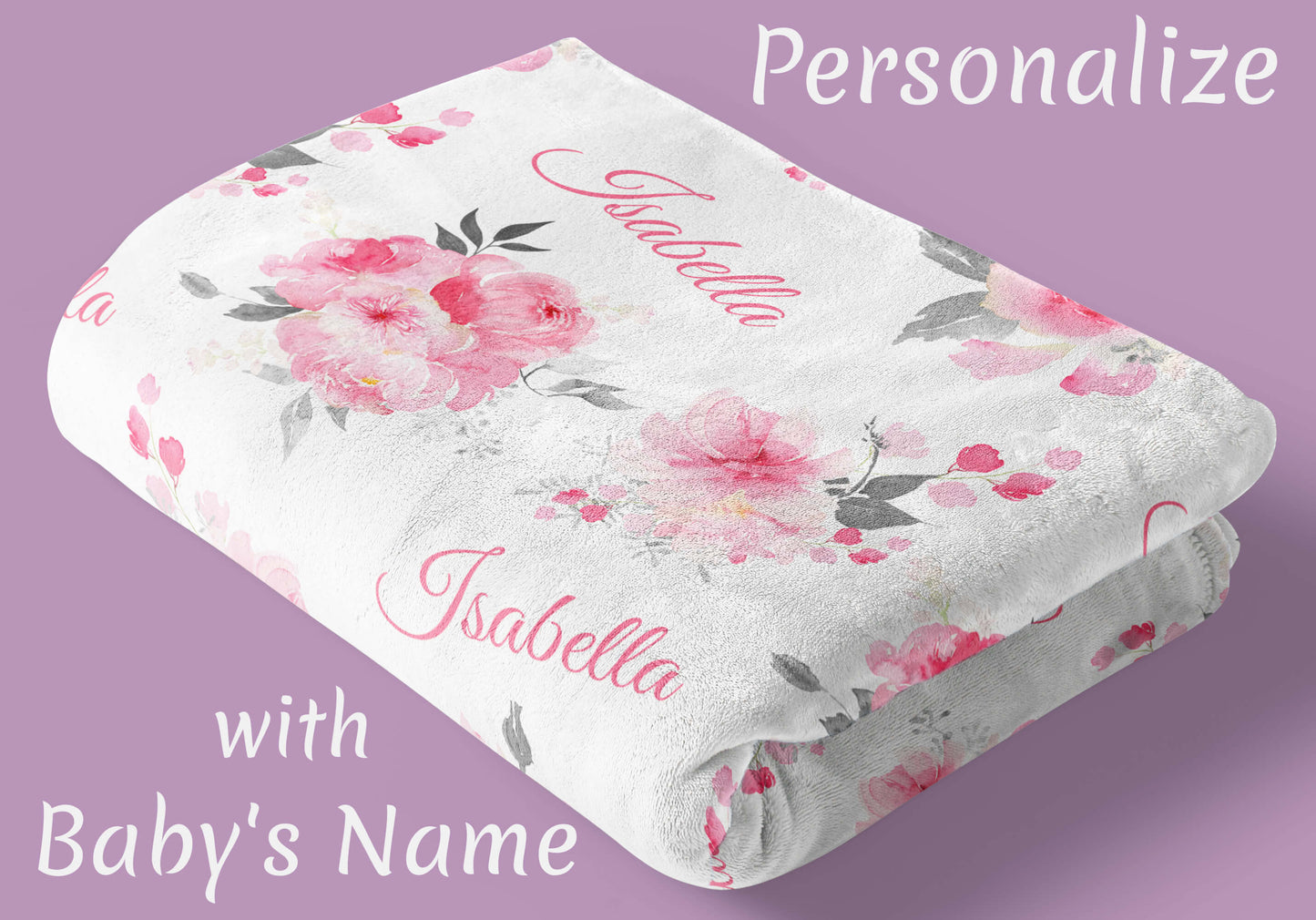 Custom Floral Minky Blanket with Name, Pink and Gray Floral Pattern