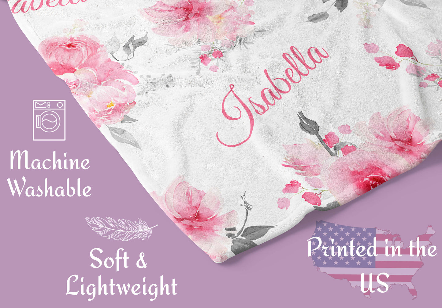 Custom Floral Minky Blanket with Name, Pink and Gray Floral Pattern