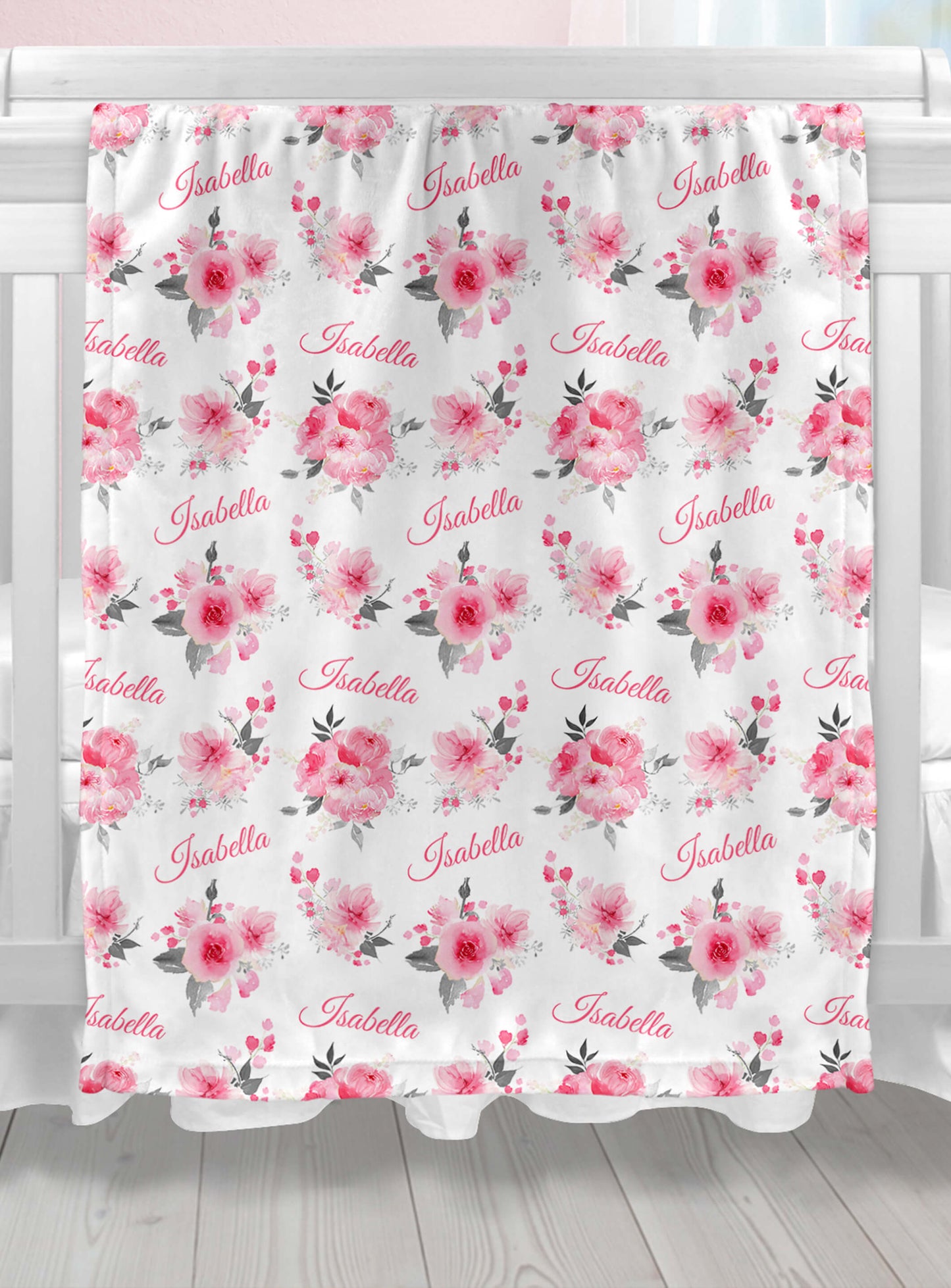Custom Floral Minky Blanket with Name, Pink and Gray Floral Pattern