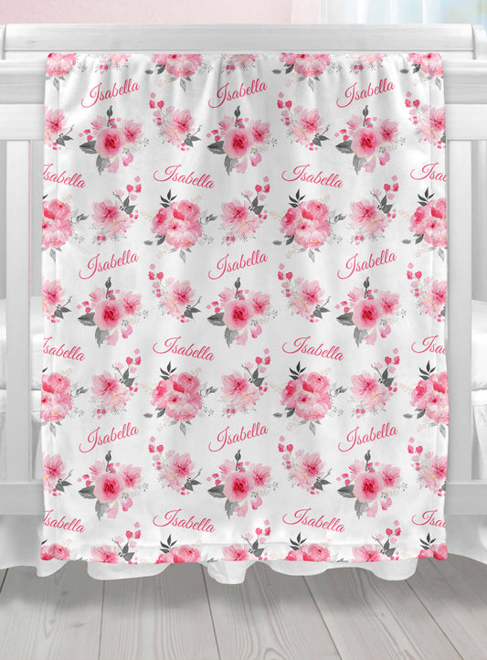 Custom Floral Minky Blanket with Name, Pink and Gray Floral Pattern