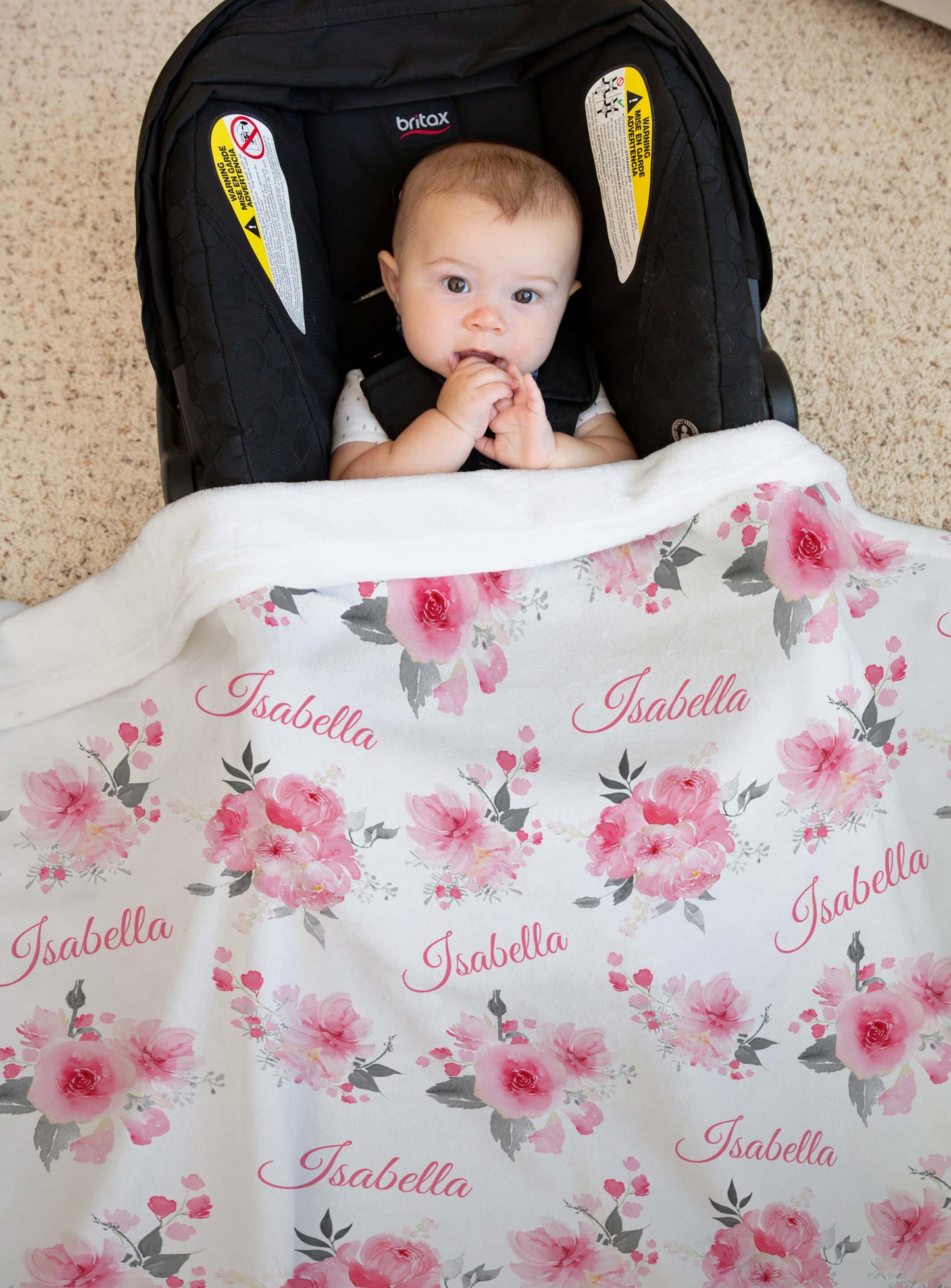 Custom Floral Minky Blanket with Name, Pink and Gray Floral Pattern