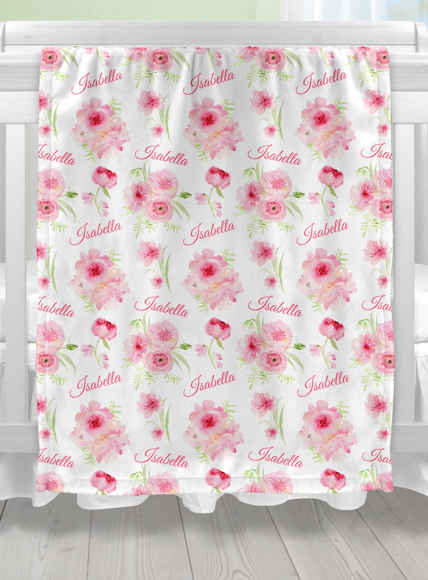 Custom Minky Blanket with Name, Pink and Green Floral Pattern